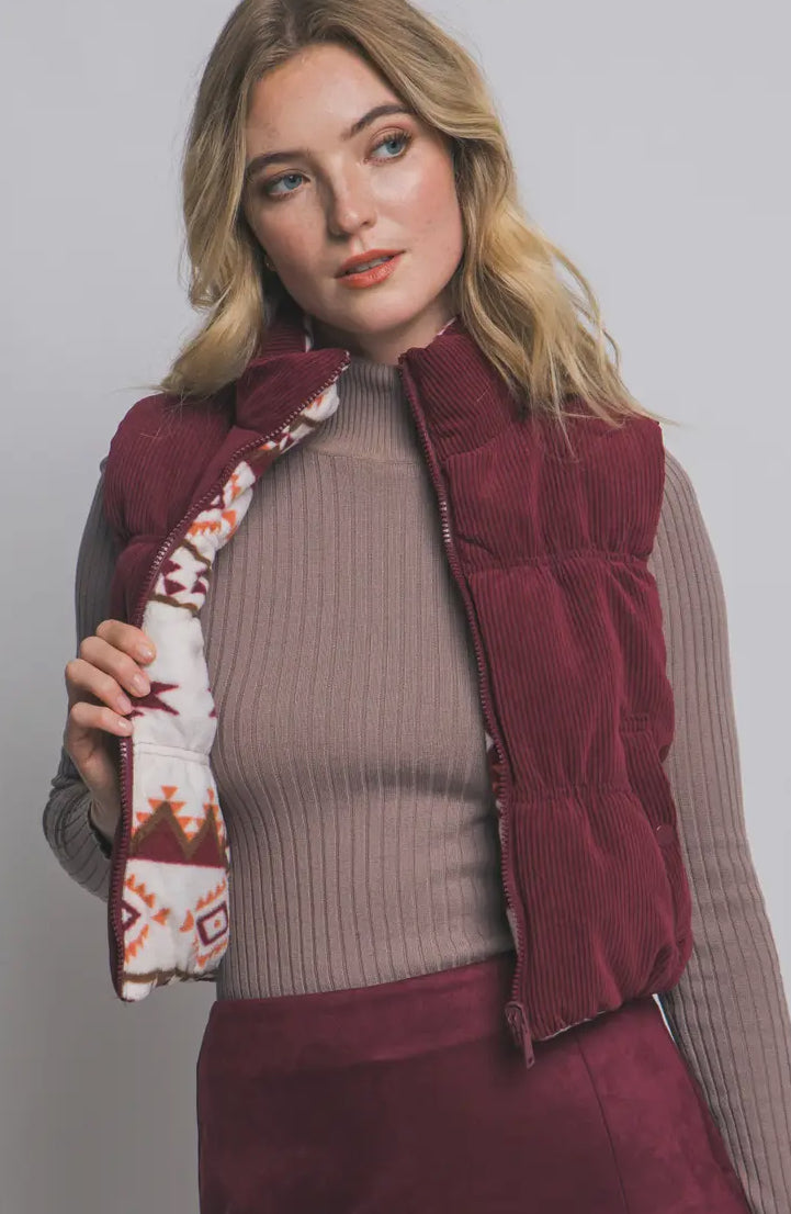 Reversible Corduroy and Aztec Print Puffer Vest