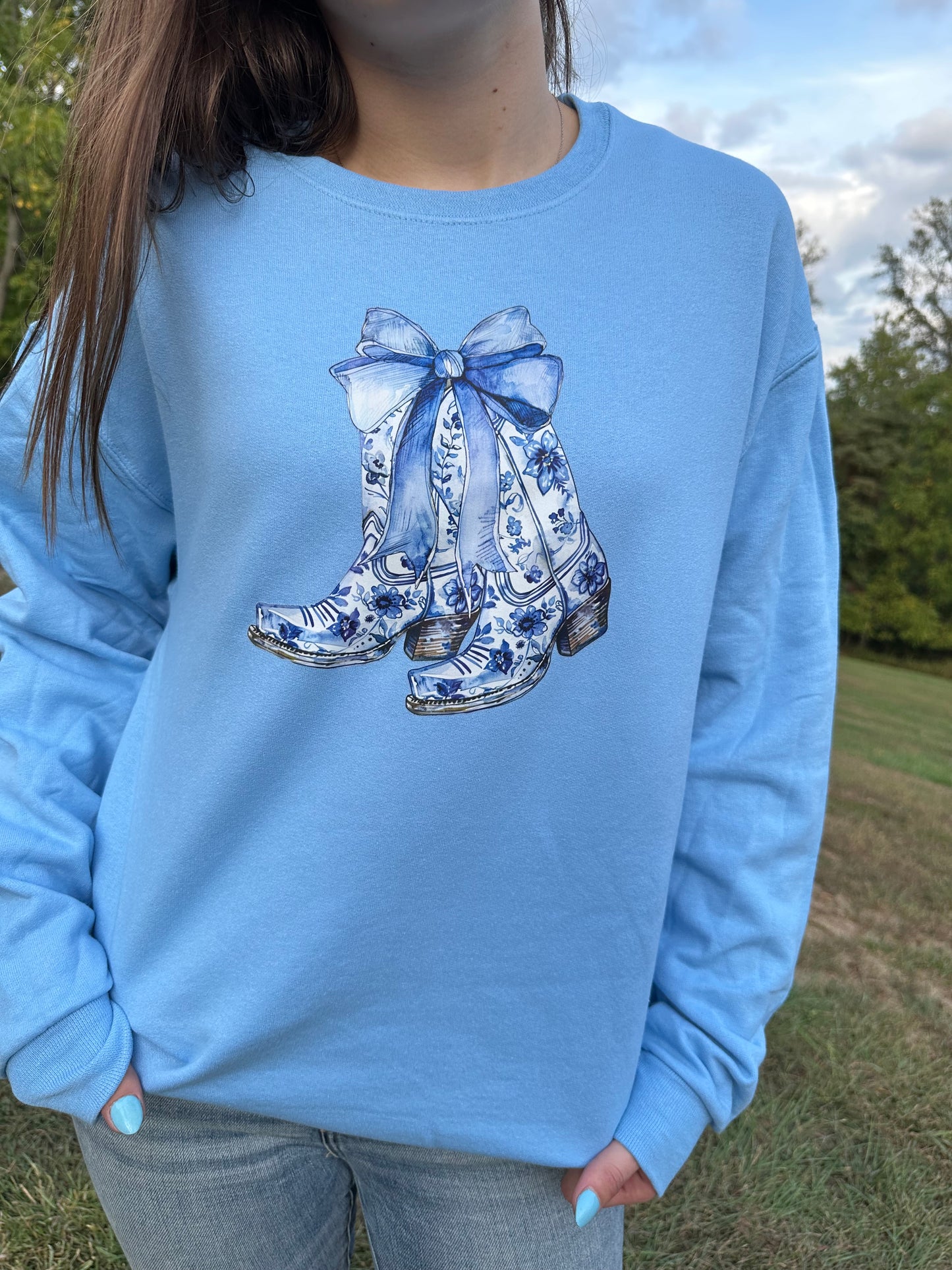 Blue Boots and Bows Crewneck