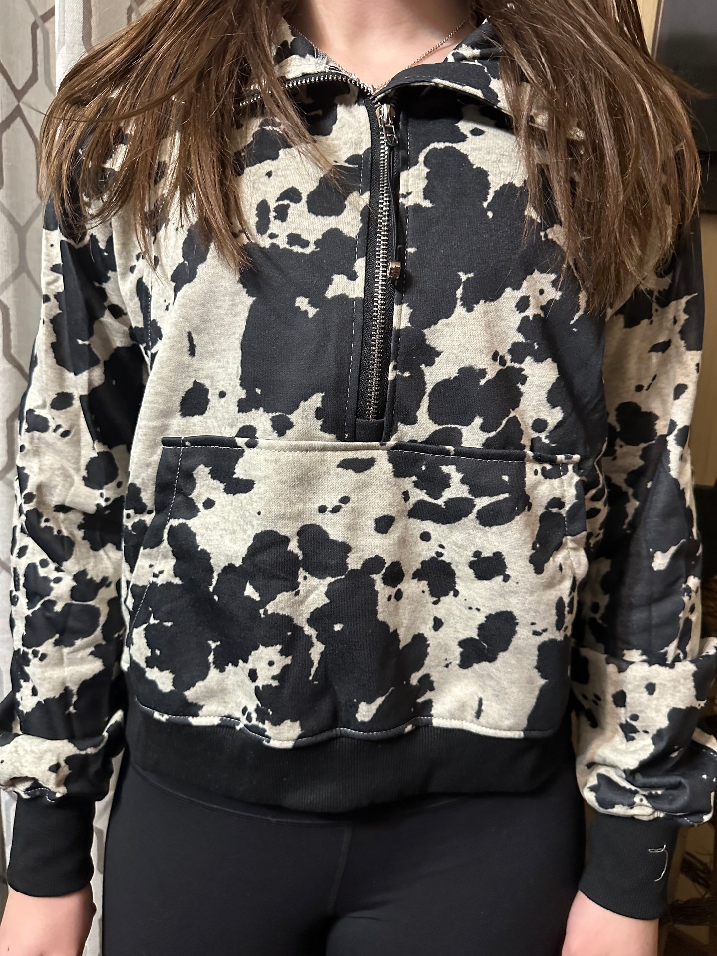 Half Zip Black and White Cowprint Pullover