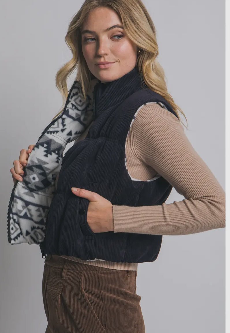 Reversible Corduroy and Aztec Print Puffer Vest