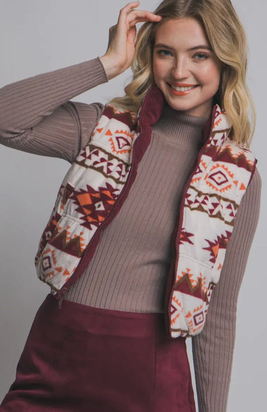 Reversible Corduroy and Aztec Print Puffer Vest