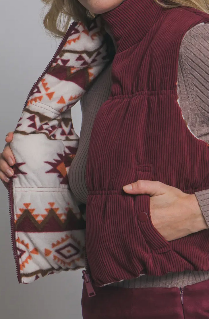 Reversible Corduroy and Aztec Print Puffer Vest