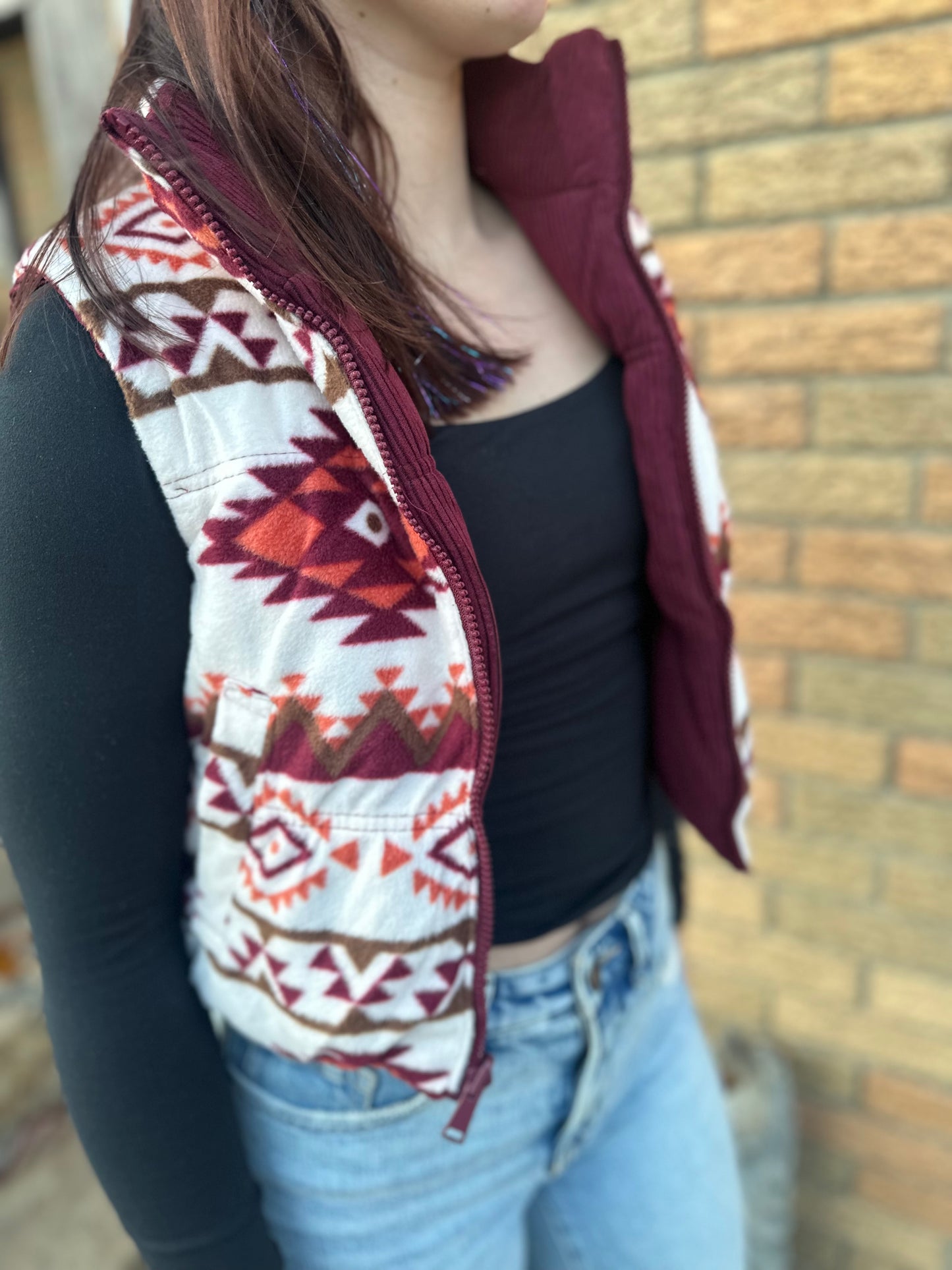 Reversible Corduroy and Aztec Print Puffer Vest