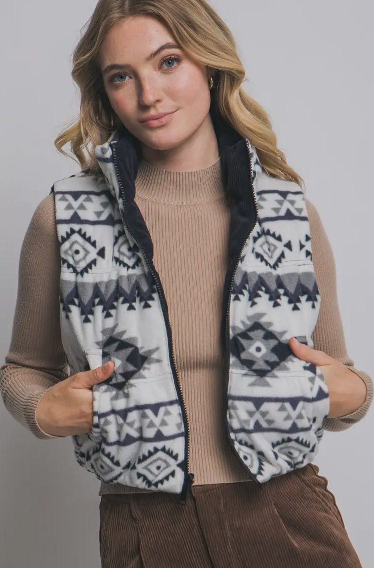 Reversible Corduroy and Aztec Print Puffer Vest