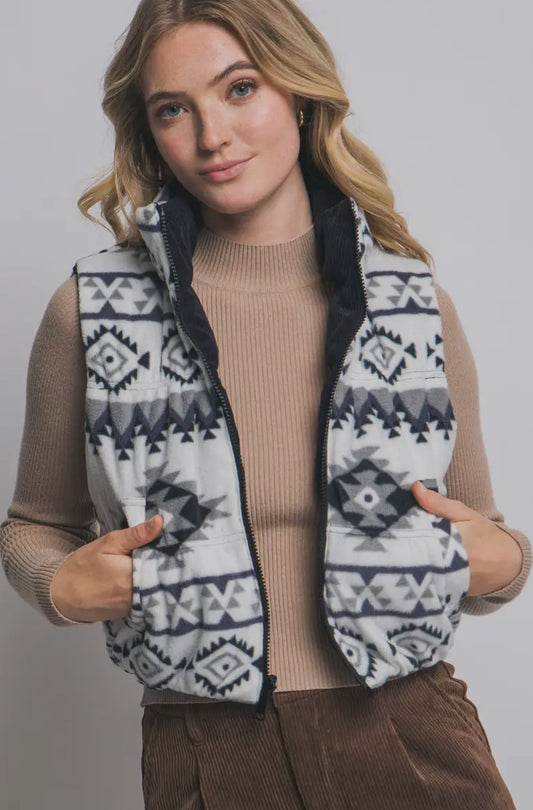 Reversible Corduroy and Aztec Print Puffer Vest