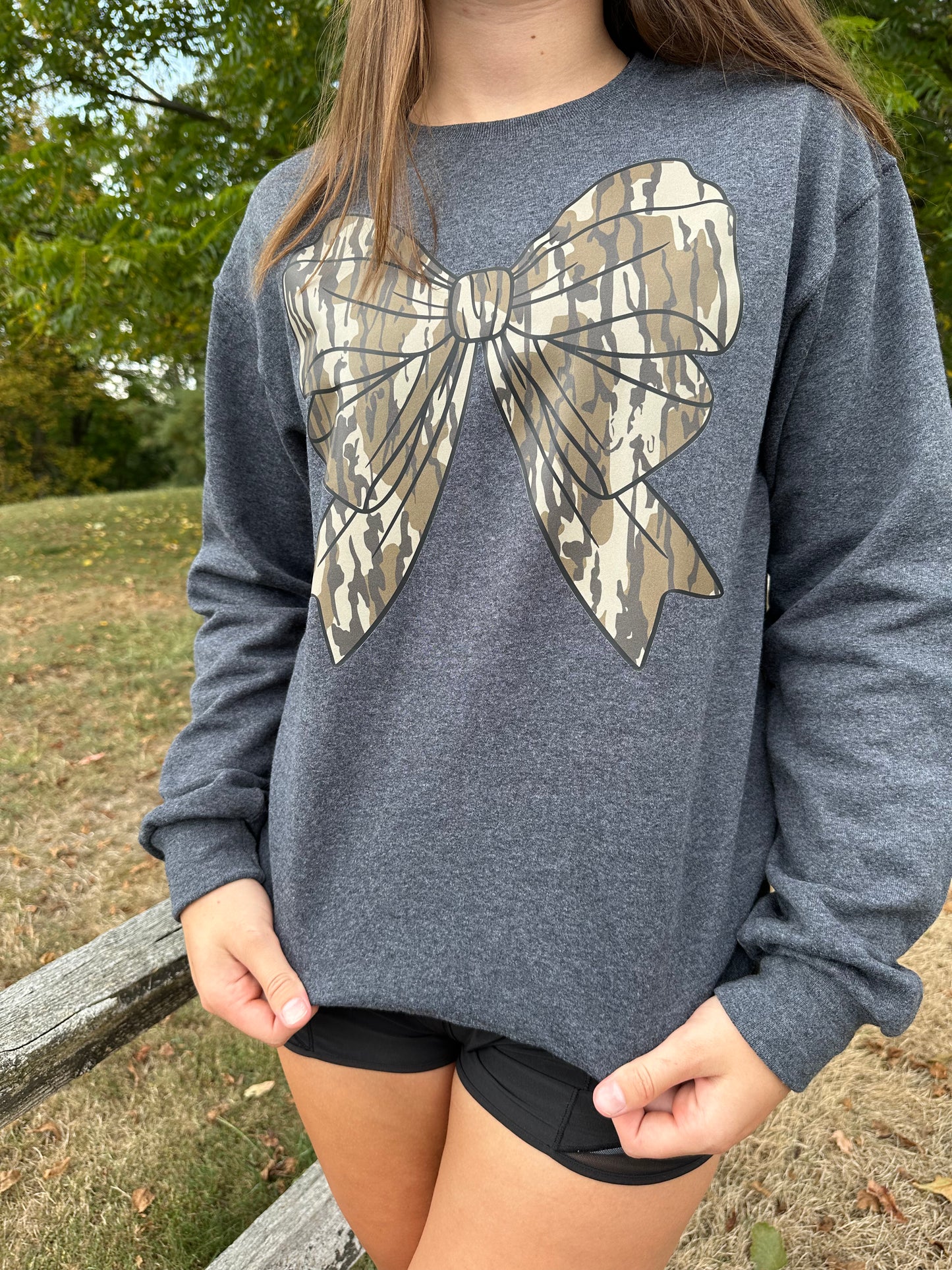 Camo Bow Crewneck- Charcoal Grey