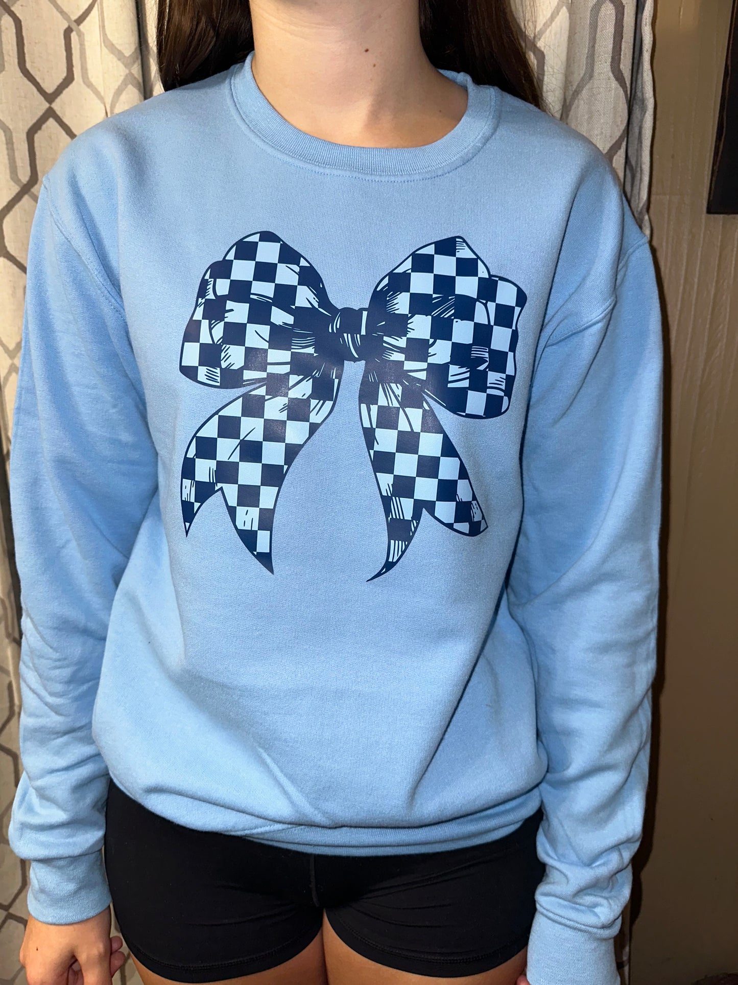 Blue Checkered Bow Crewneck